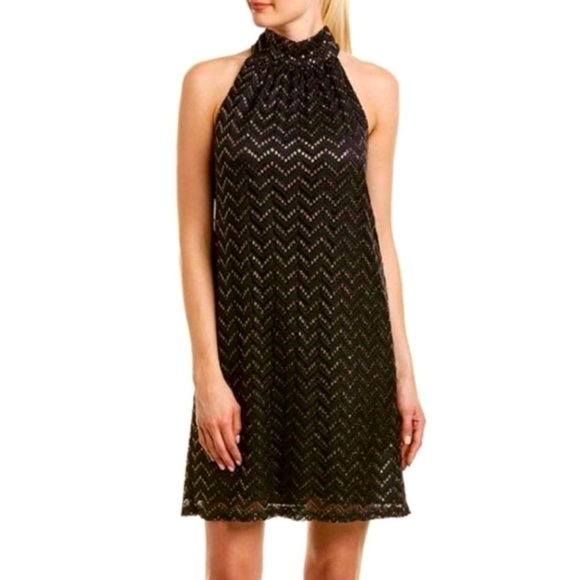 Trina Turk Morrison Dress Black Gold Metallic Tie Neck Shift Dress Large - Picture 1 of 12